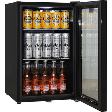 opened door bar fridge with beer