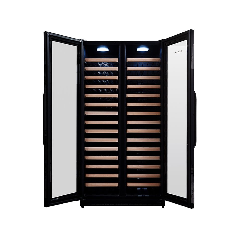 Tall black wine fridge with wooden shelves and two glass doors