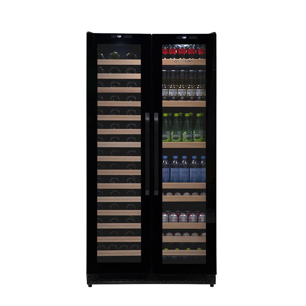 Upright black wine fridge for wine bottles, bottled drinks and cans