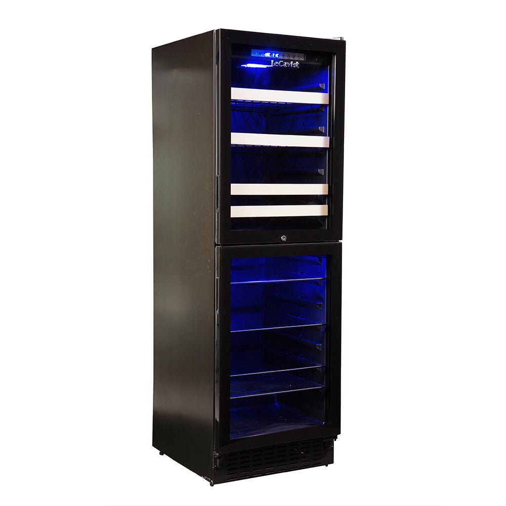 Tall wine fridge with wooden shelves and LED lighting
