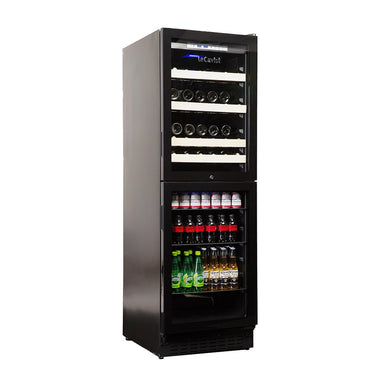 Tall wine fridge with black trimming and glass doors