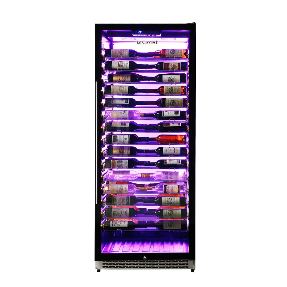 Large upright glass door wine fridge with silver handle