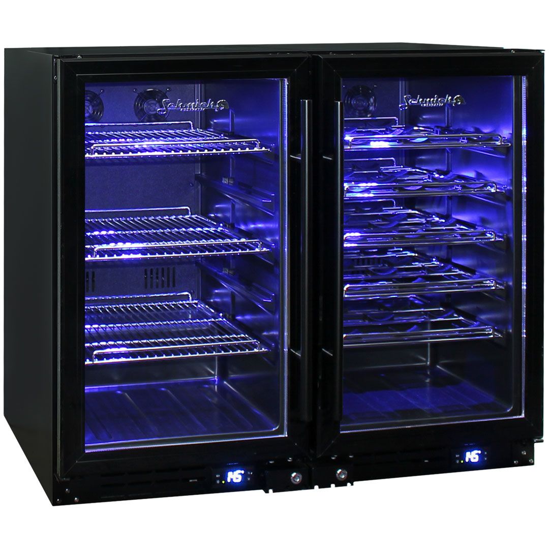 Black two door beer and wine fridge with LED lighting