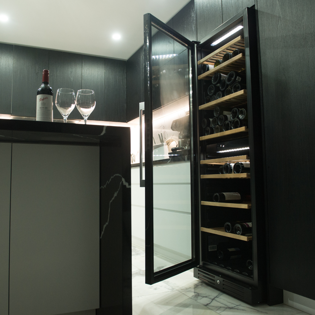 Black wine fridge in classy kitchen