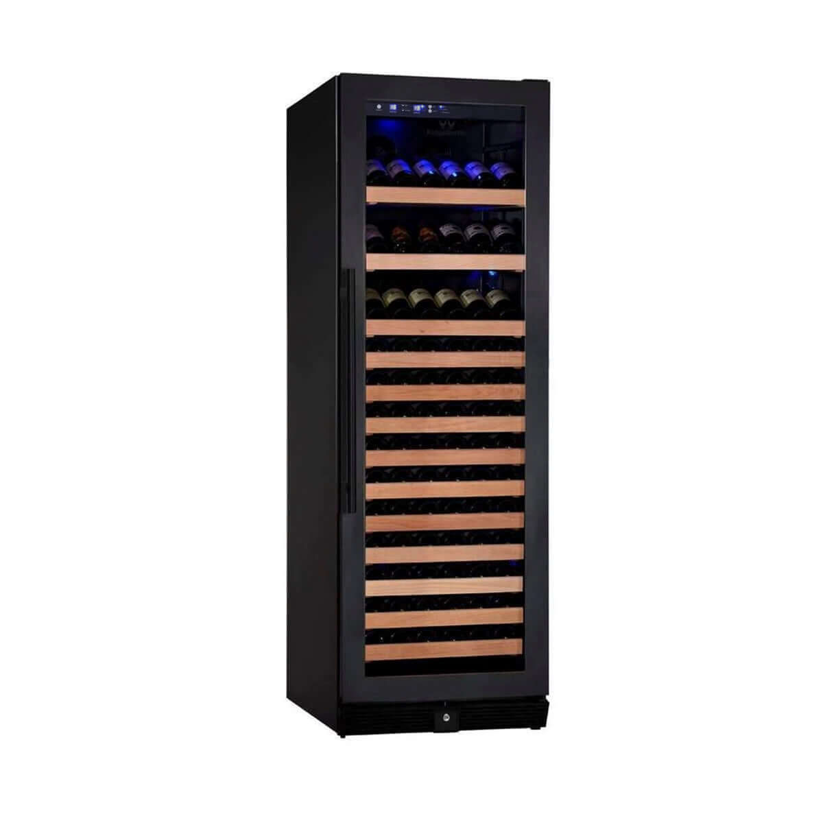 Upright wine fridge with wooden shelves