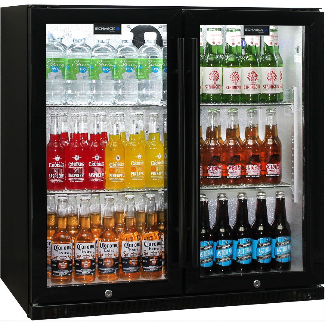 black bar fridge with drinks 