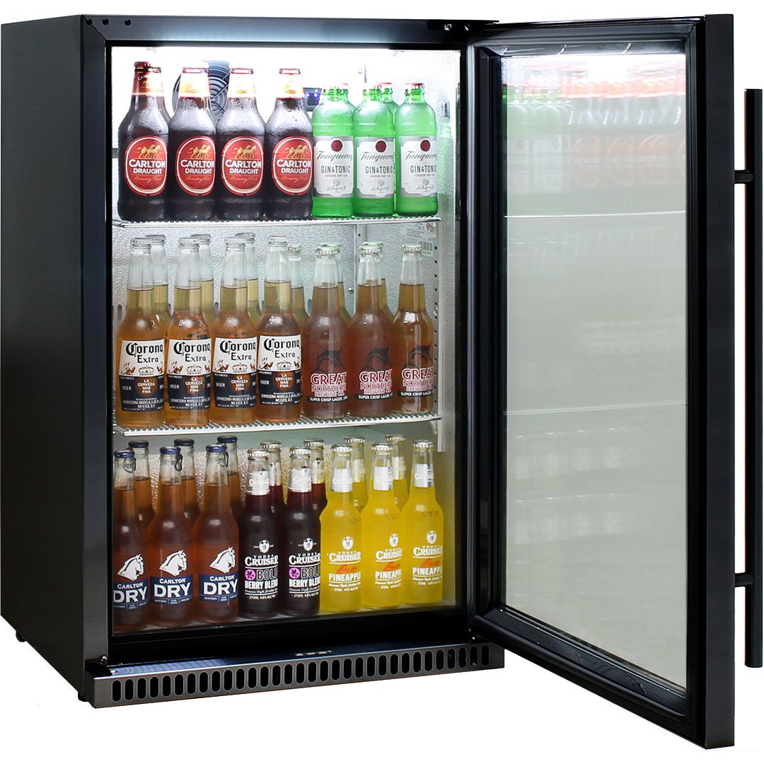 filled black bar fridge with beer