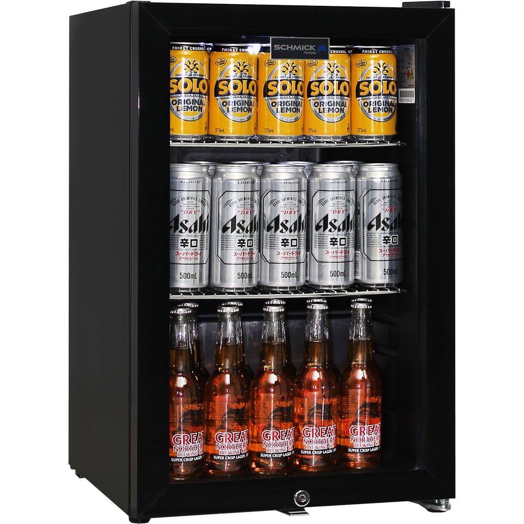 small bar fridge with beer cans