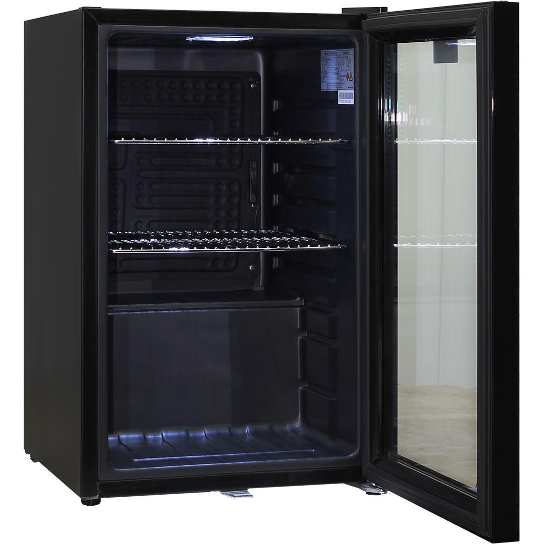 Black bar fridge with stainless steel shelving