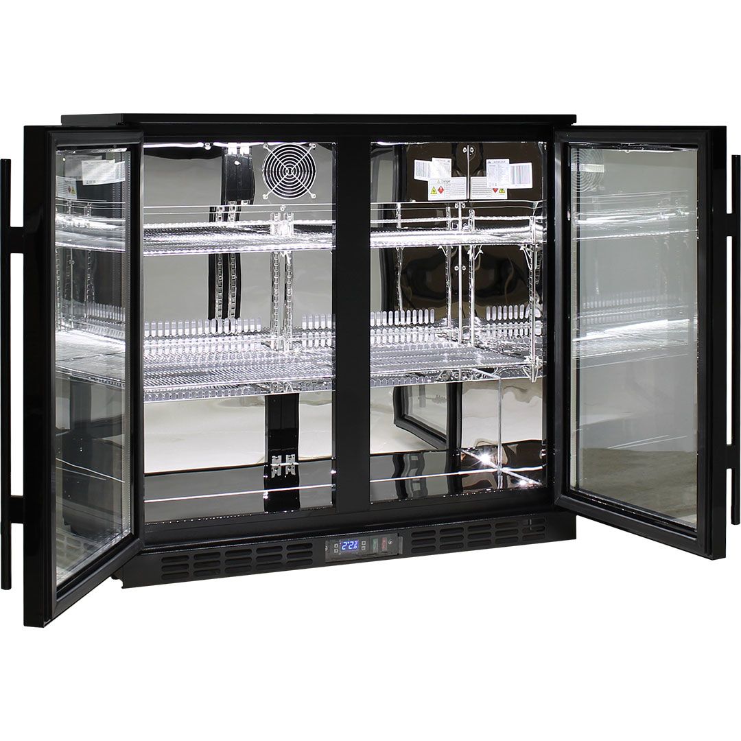 Commercial Under Bench Black Glass Double Door Bar Fridge - Lushmist