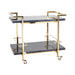 Black and gold bar cart with 2 levelled marble surfaces