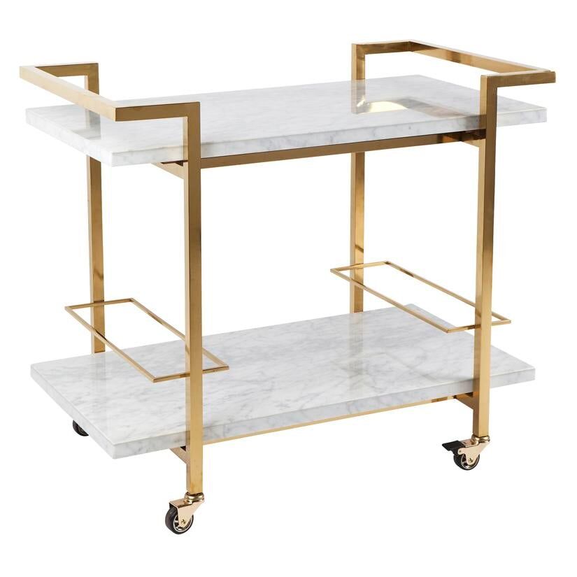 Gold and white bar cart with marble surfaces