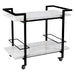 Black and white bar cart with marble surfaces
