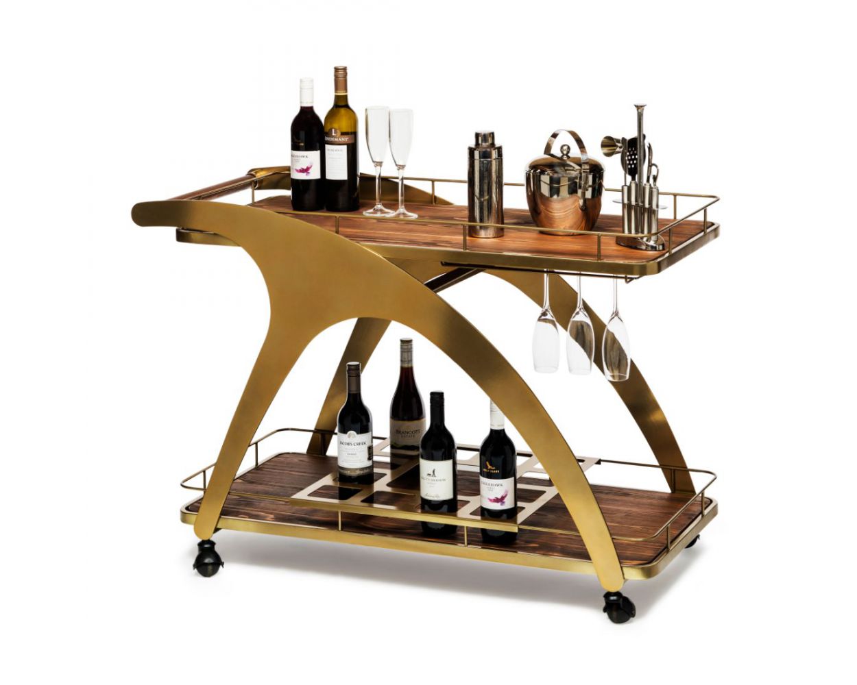 French Brass Drinks Trolley Bar Cart Contemporary Wine Storage With Wood Top