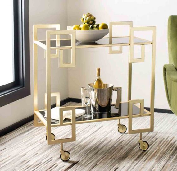 Classy gold and mirrored bar cart for wine and beverages 