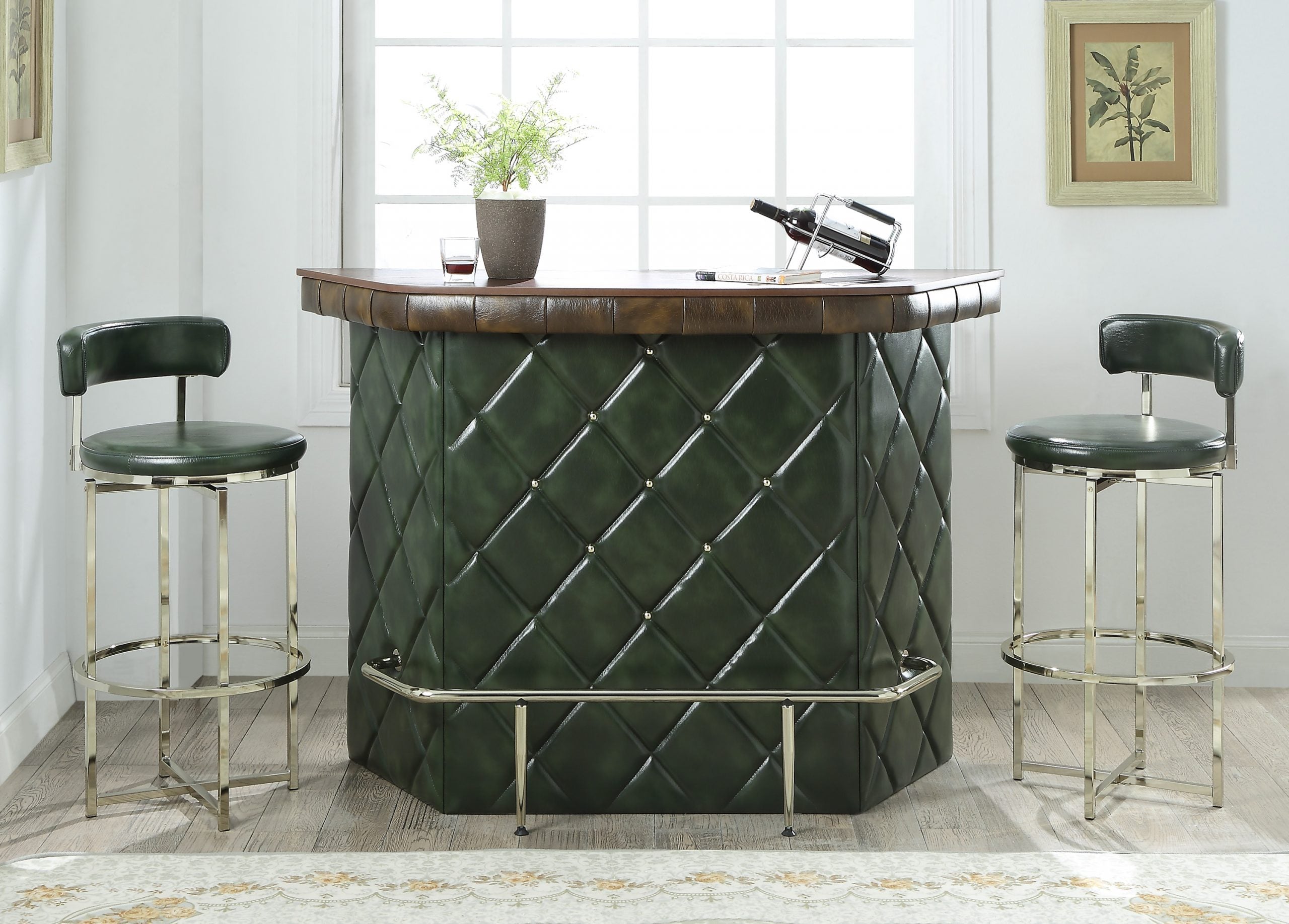 Stylish tall ocean green bar counter with brown top and gold finishes