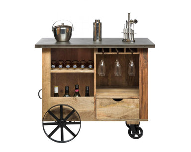 Industrial style bar cart and cabinet for wine bottles and glassware