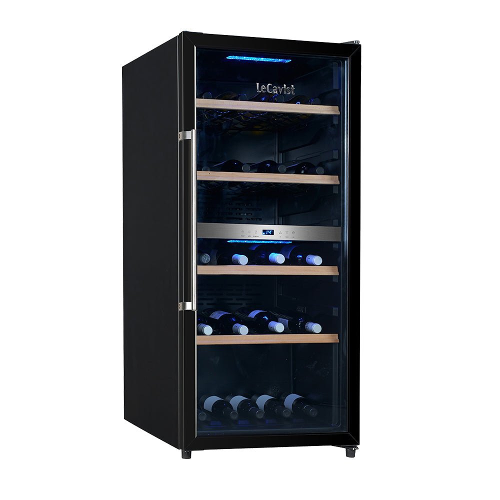 Black upright wine fridge with dual zone compartments