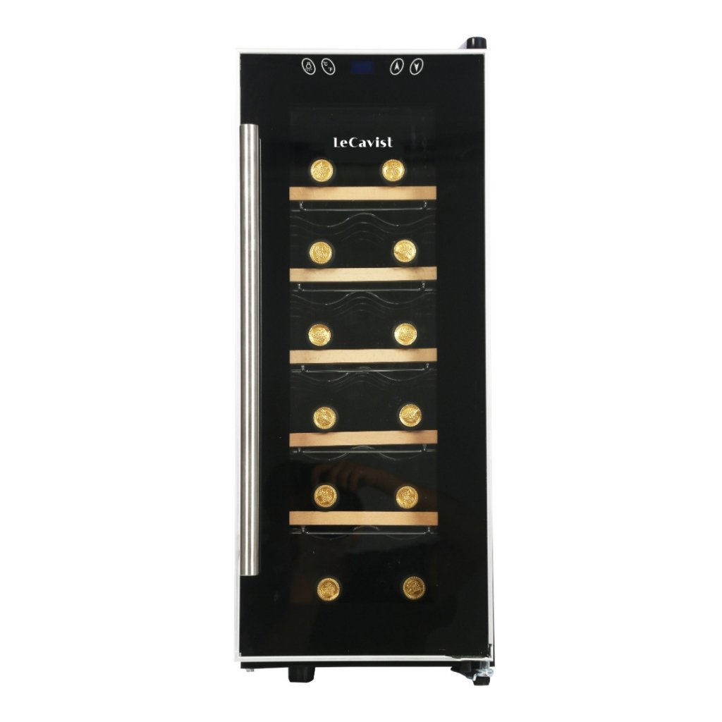 Sleek black wine fridge fit for 12 wine bottles