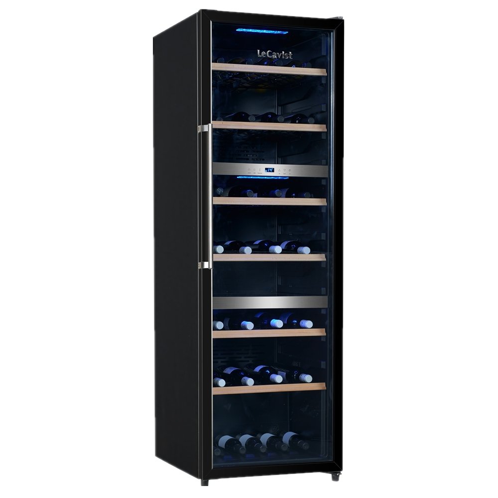 Black wine fridge with three compartments for wine