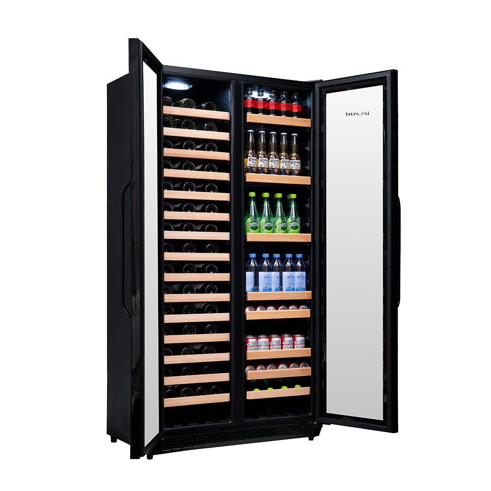 Black fridge for wine bottles, bottles beverages and cans