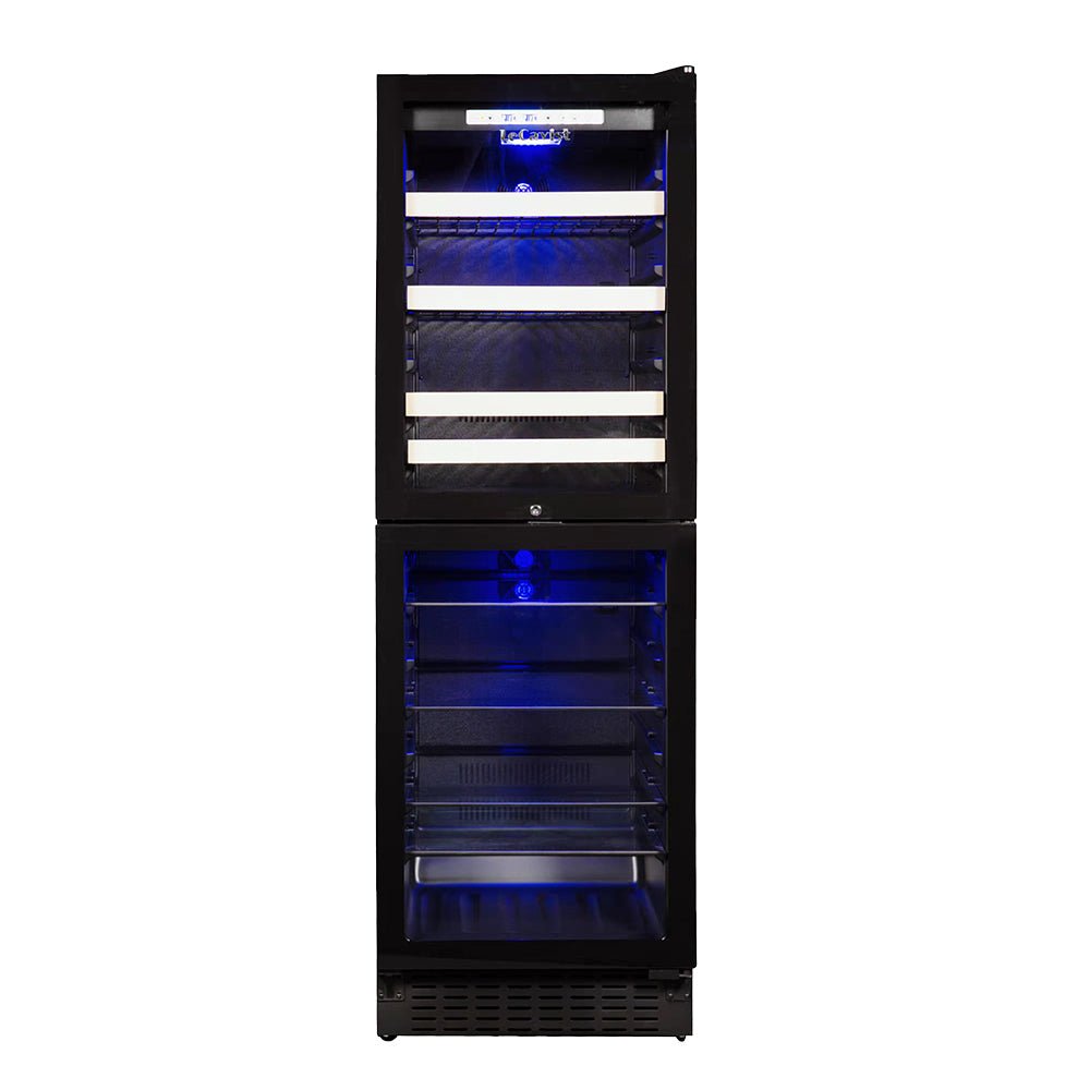 Upright black wine fridge with two zones for wine and beverage