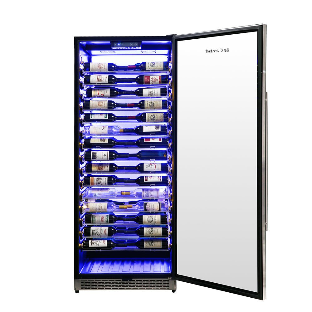 Tall black wine fridge with lighting and large glass door