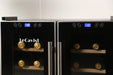 Black wine fridge with adjustable temperature panel and silver door handles