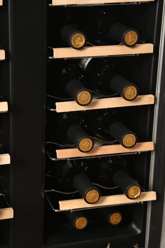 Wine fridge with wooden rolling shelves