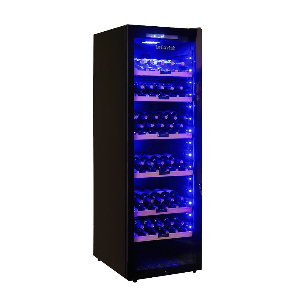 Upright wine fridge with glass door and LED lighting
