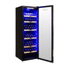 Black spacious wine fridge with glass door and wooden rolling shelves