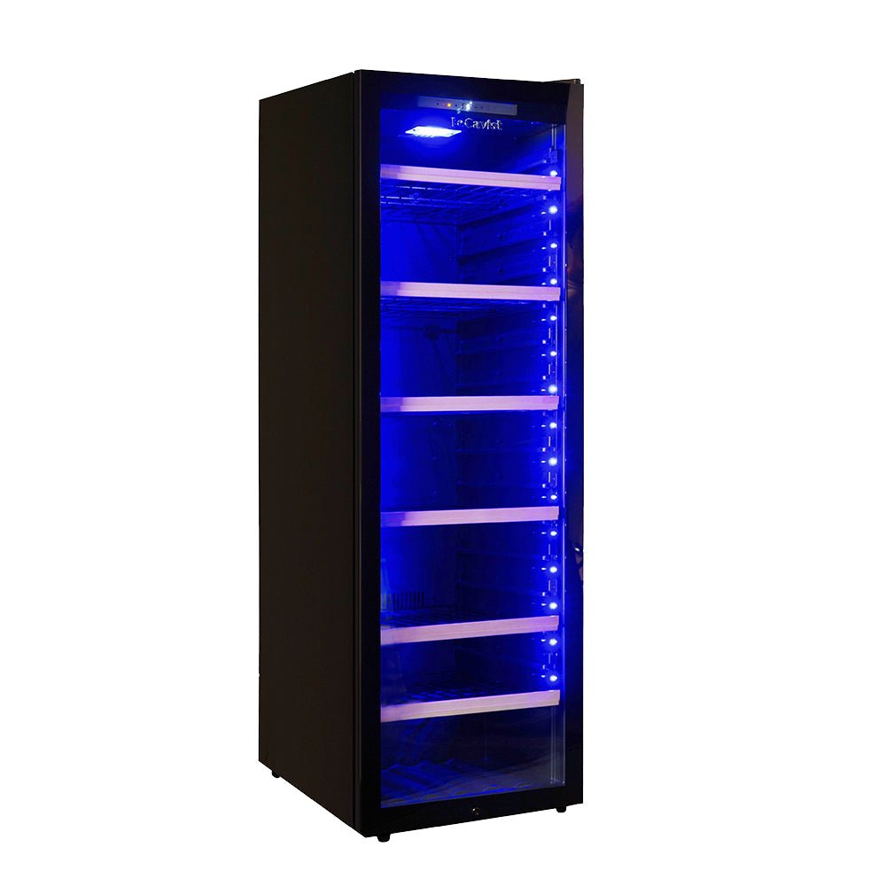 Black upright wine fridge with wooden shelves