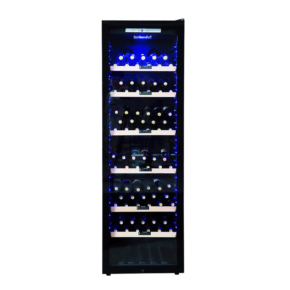 Spacious black wine fridge with blue LED lighting