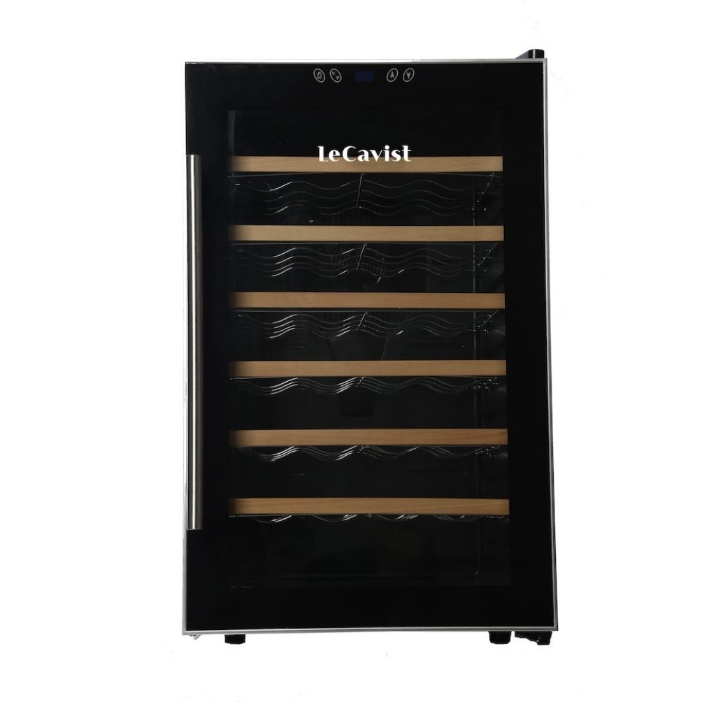 Black compact wine fridge with wooden and stainless steel shelves