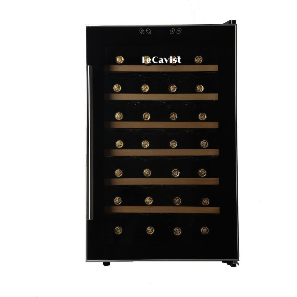 Black fridge for 28 wine bottles and wooden shelves