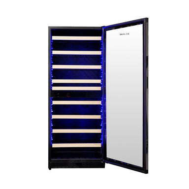 Upright wine fridge with wooden shelves and LED lighting