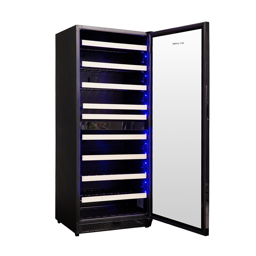 Tall black wine fridge with two zones and glass door