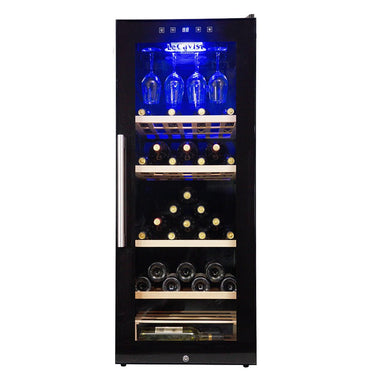 Tall black fridge for storing wine bottles and a wine glass holder
