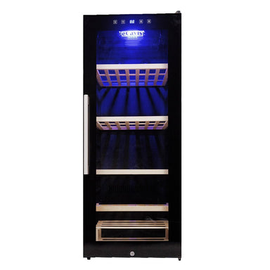 Upright wine fridge with glass door and wooden retractable shelves