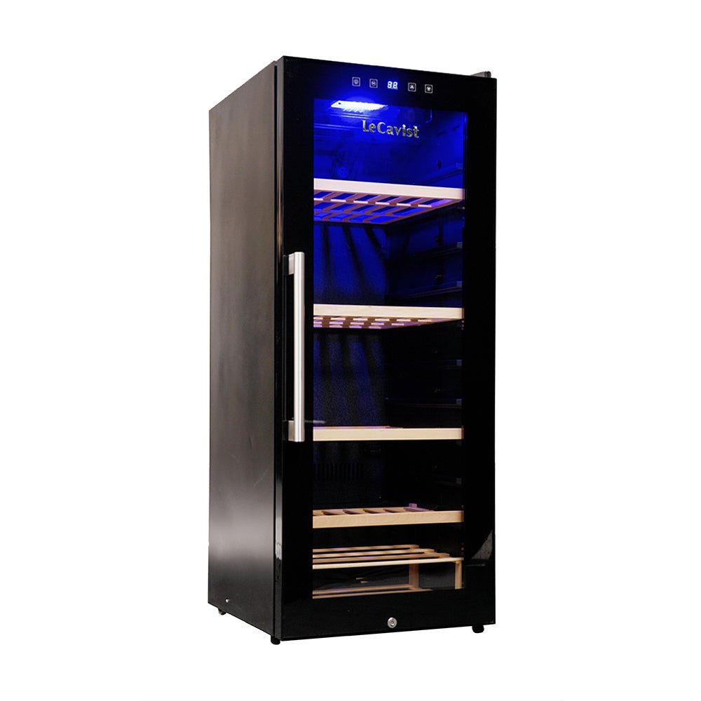 Black single zone wine fridge with glass door, LED lighting and wooden shelves