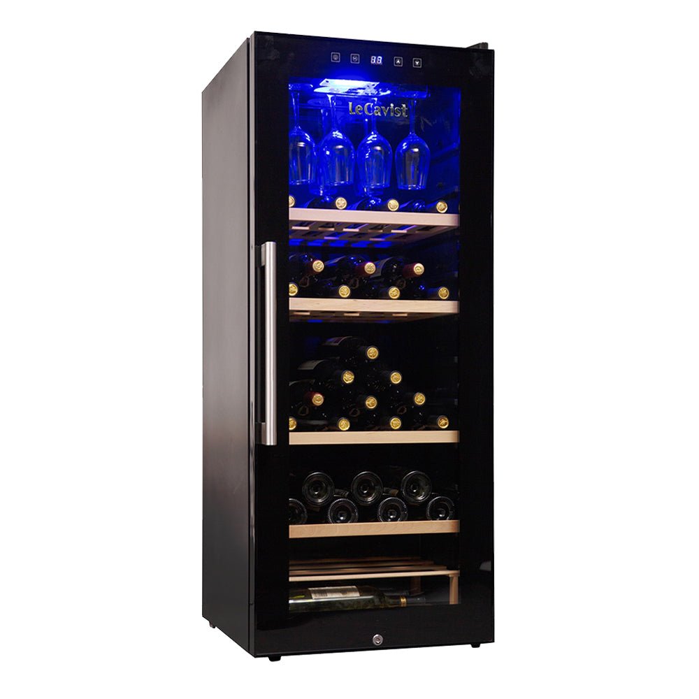 Single zone upright wine fridge with closed glass door and silver handle