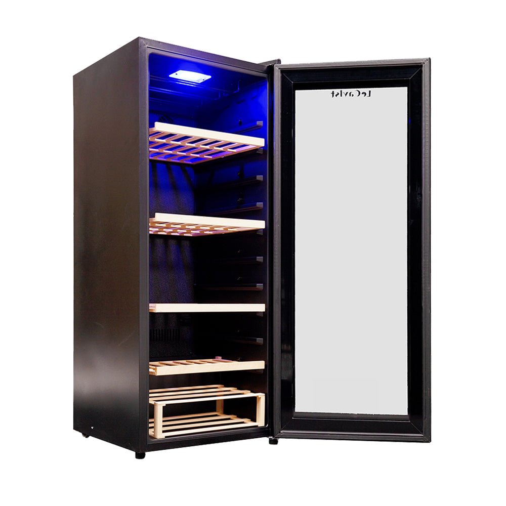 Upright black wine fridge with wooden shelves and LED lighting