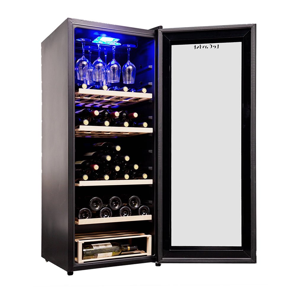 Spacious black wine fridge with rolling wooden shelves