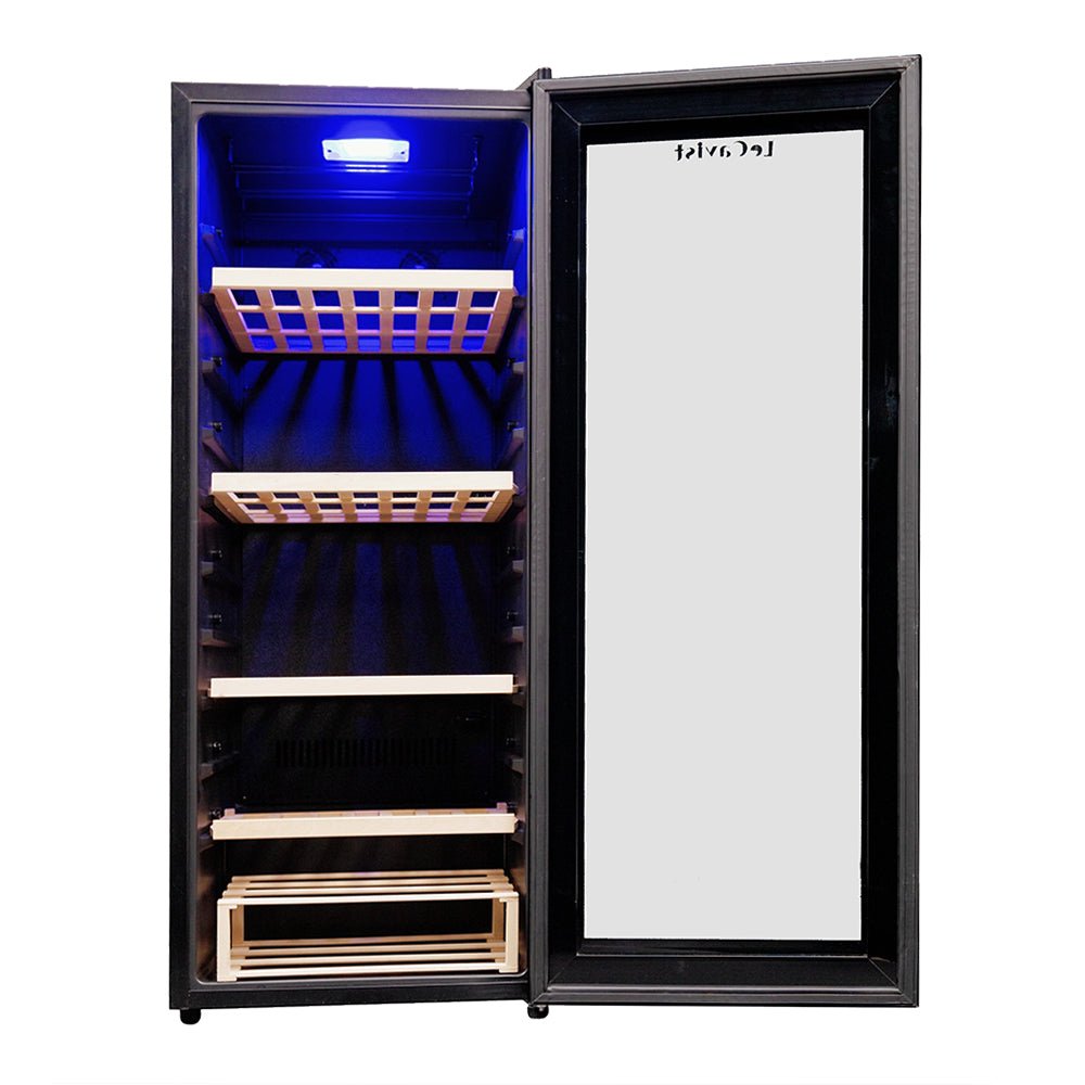 Sleek black fridge for storing wine bottles 