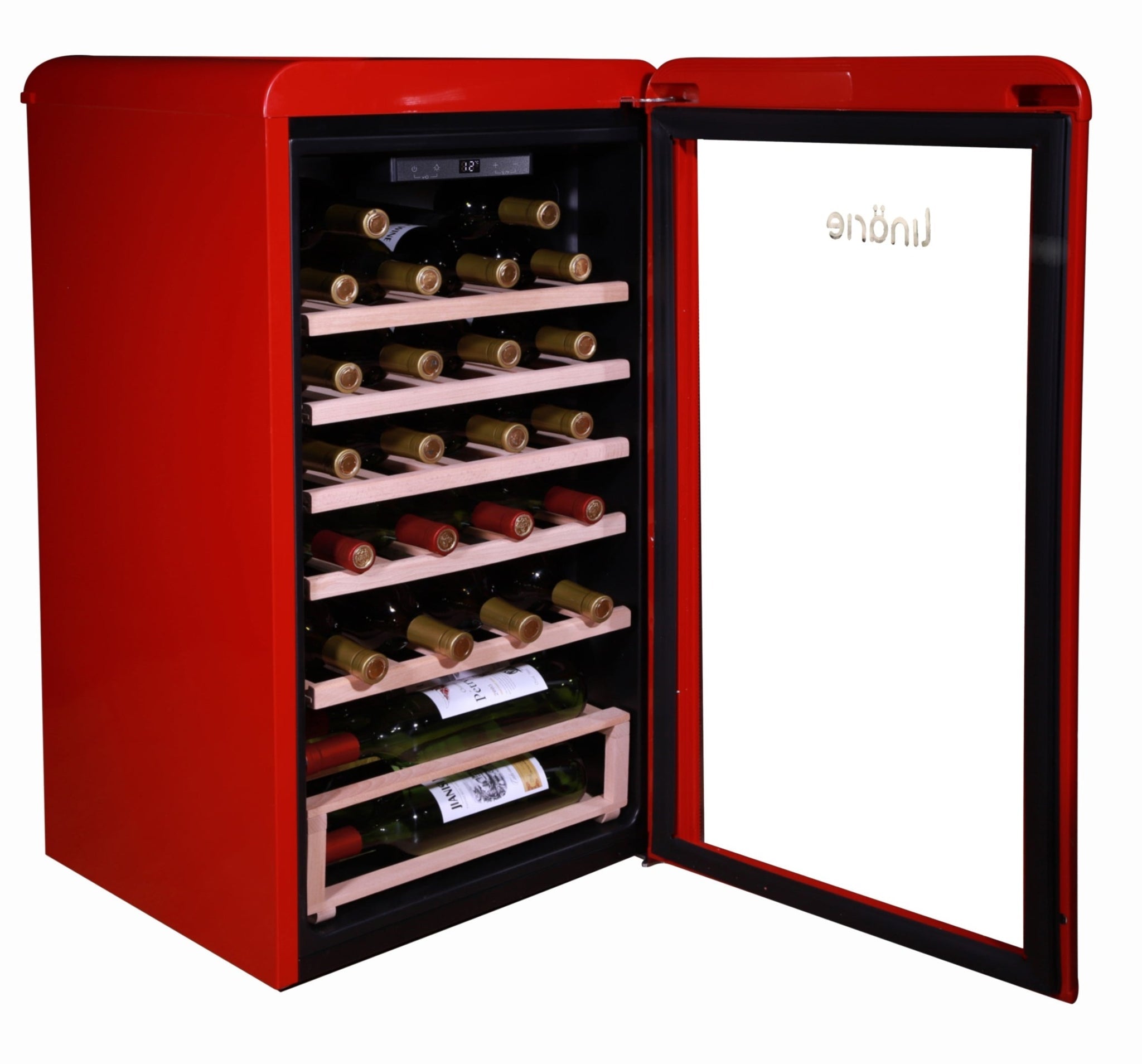 Red retro wine fridge with wooden shelving