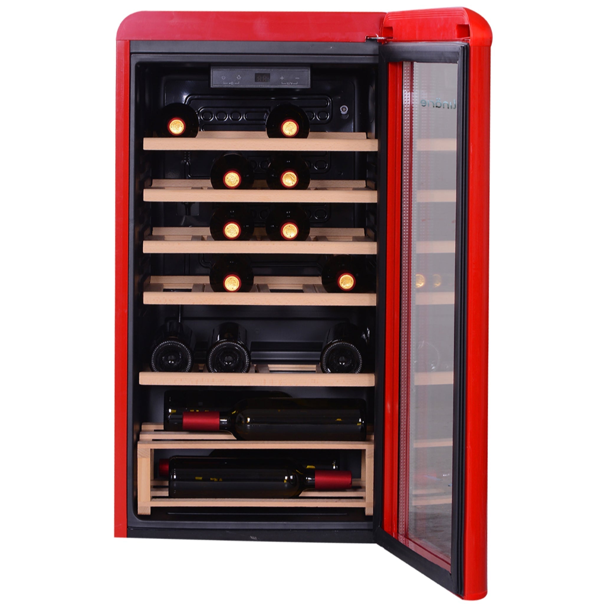 Red retro style wine fridge with glass door and temperature control panel