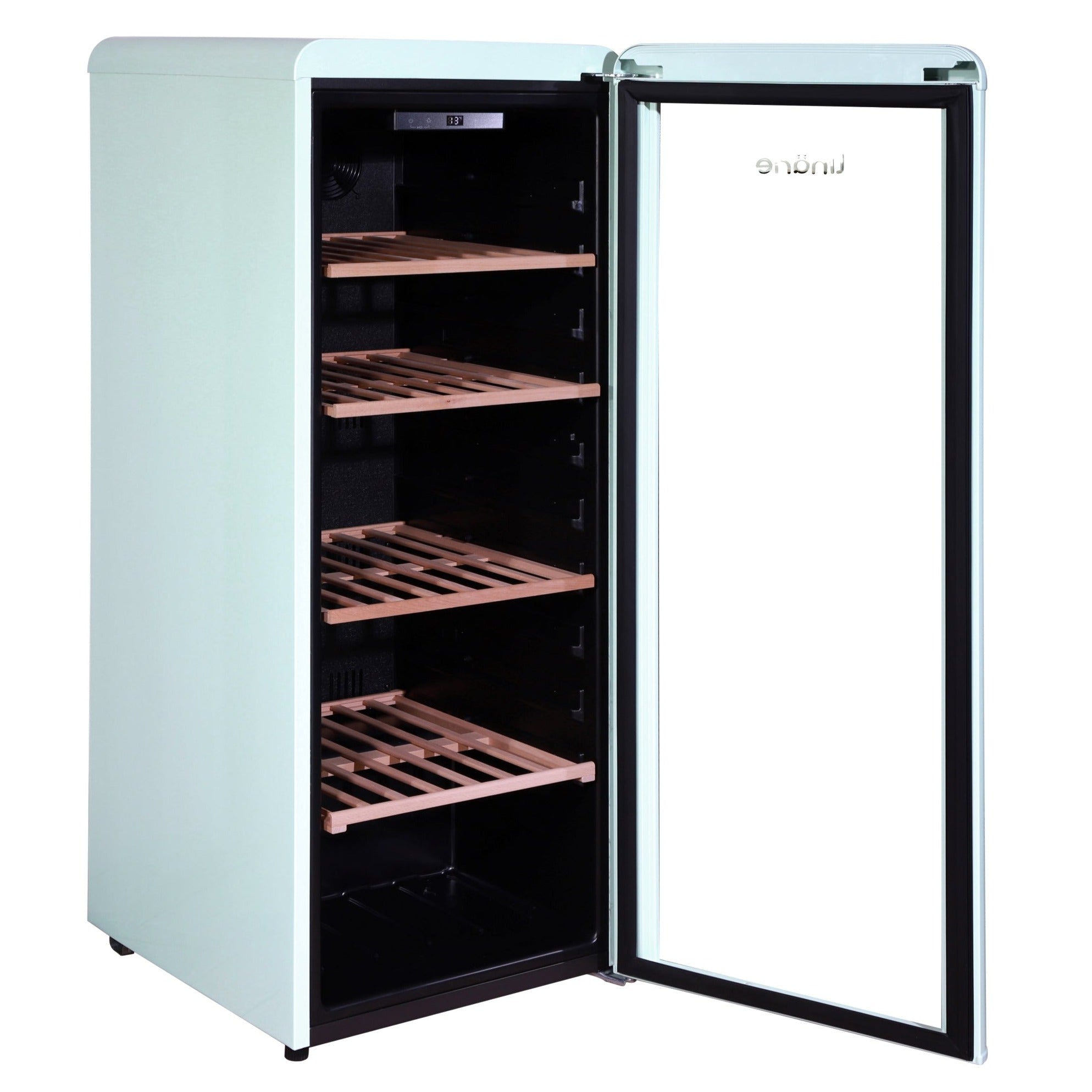 Green retro wine fridge with glass door and wooden shelves