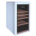 Blue retro inspired wine fridge with a glass door and wooden shelves