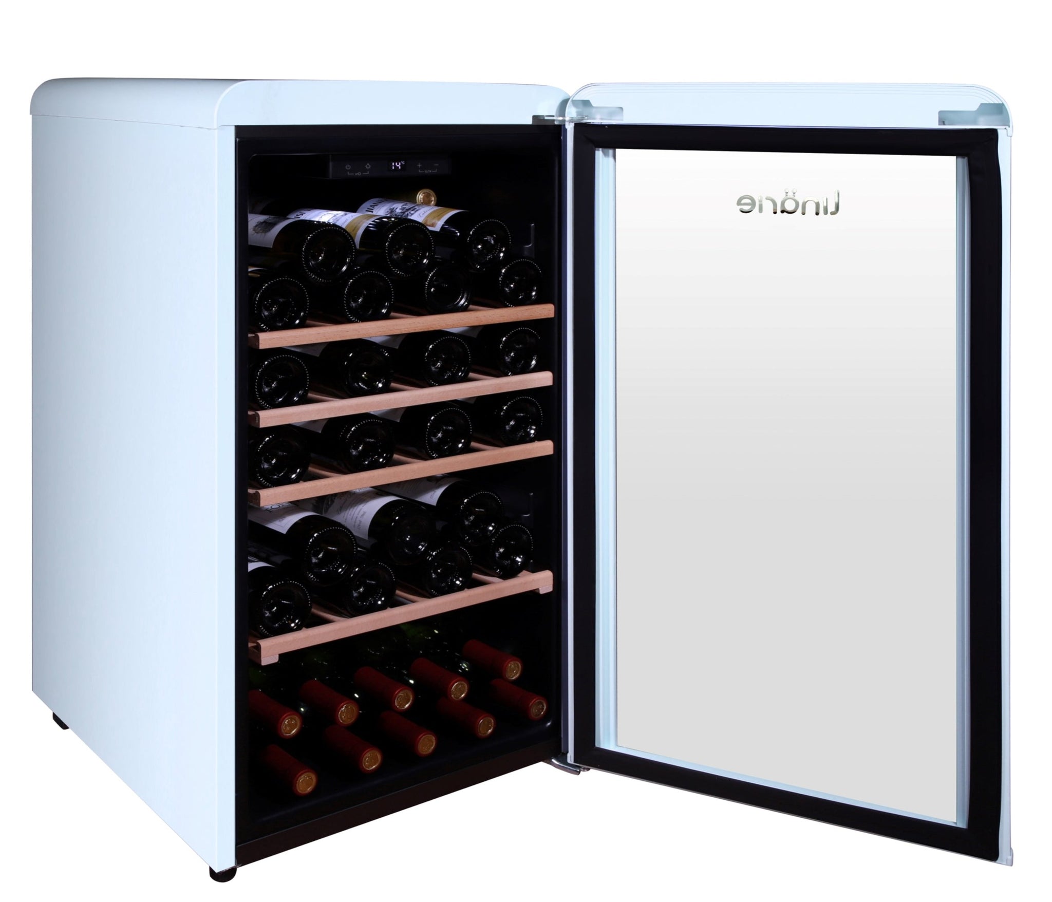 Linarie blue coloured retro fridge for storing wine bottles