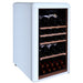 Blue retro inspired wine fridge with round corners and wooden shelves